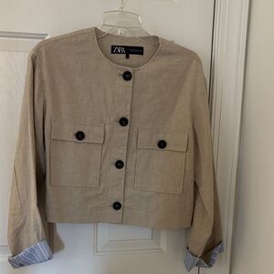Zara : Beige Women's Blazer with Black Buttons Striped Cotton Cuff Never Worn